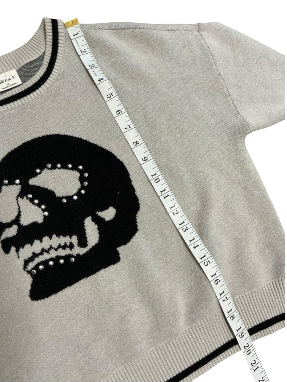 Nikka K Women's Light Gray Skull Skeleton Crewneck Sweater - Picture 7 of 8